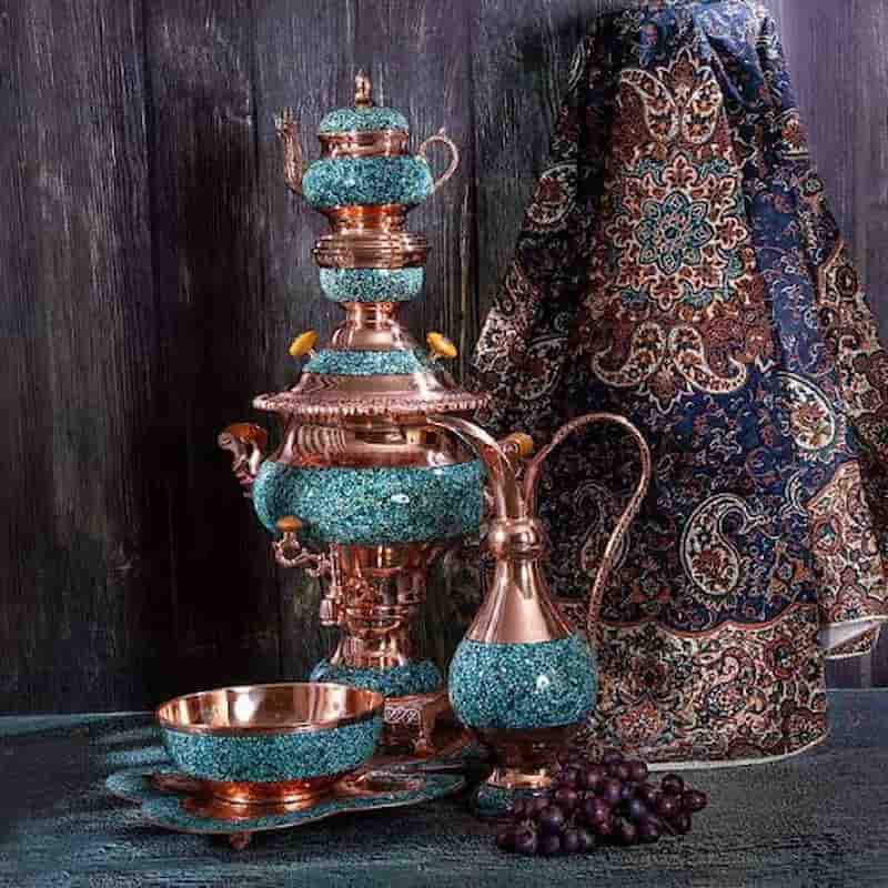 تصویر 1 از سماور مسی فیروزه کوبی دست ساز با طراحی ماندگار