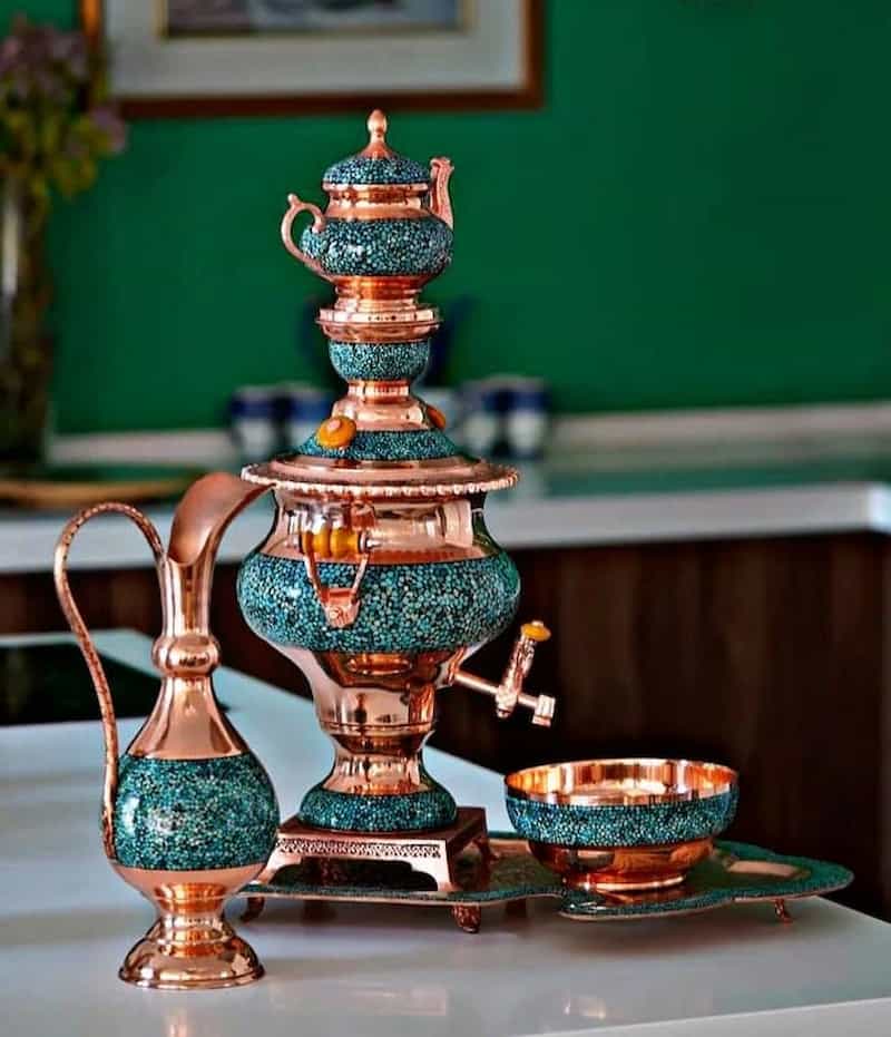 سماور مسی فیروزه کوبی دست ساز با طراحی ماندگار