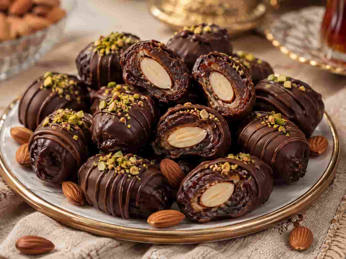 خرما شکلاتی با مغز بادام مناسب پذیرایی در دورهمی های دوستانه