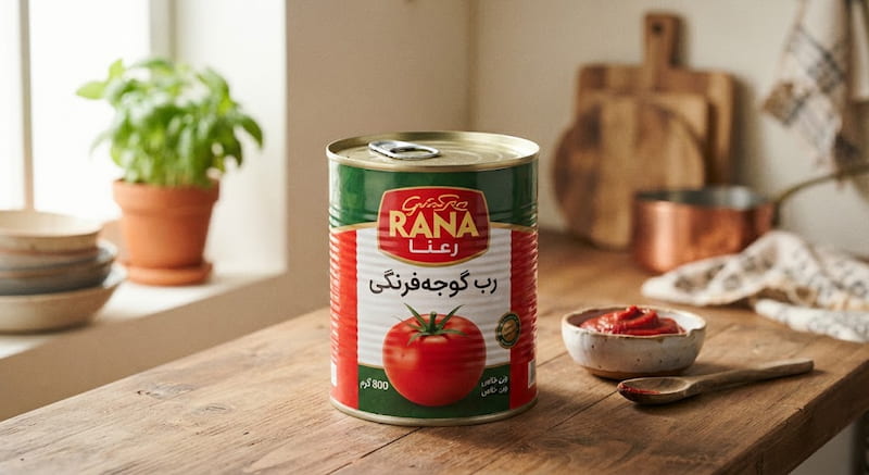 رب گوجه فرنگی 800 گرمی رعنا با وزن کاربردی فروشگاهی